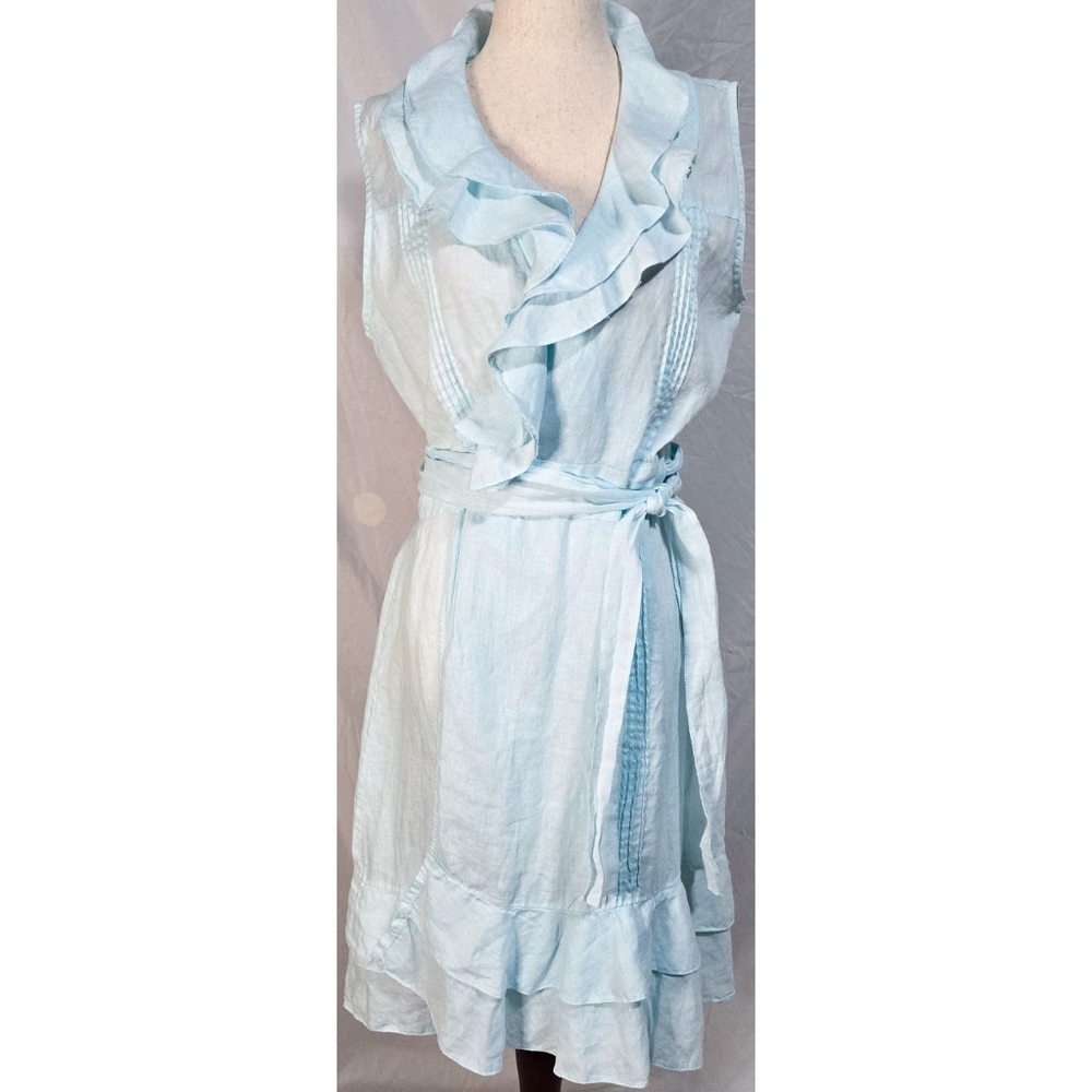 100% Linen Claudio Milano Wrap Dress Light Blue Ruffle Sleeveless A Line